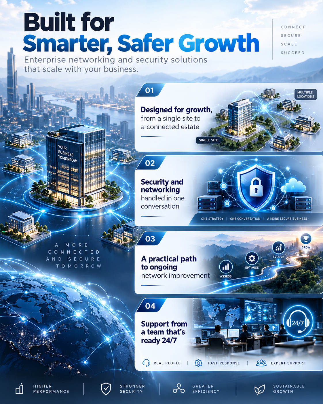 Built for smarter, safer growth: designed for growth, security and networking in one conversation, a practical path to ongoing improvement, and support from a team that's ready 24/7